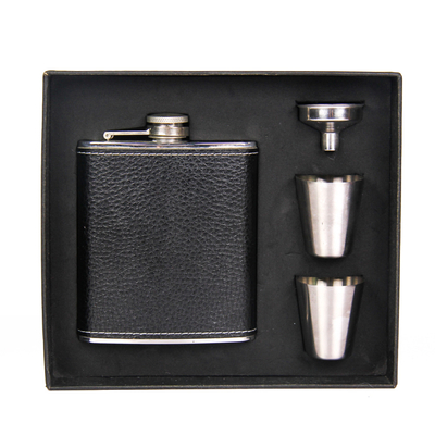 High Quality Black Hip Flask Leather Covered Hip Flask Stainless Steel Gift Set